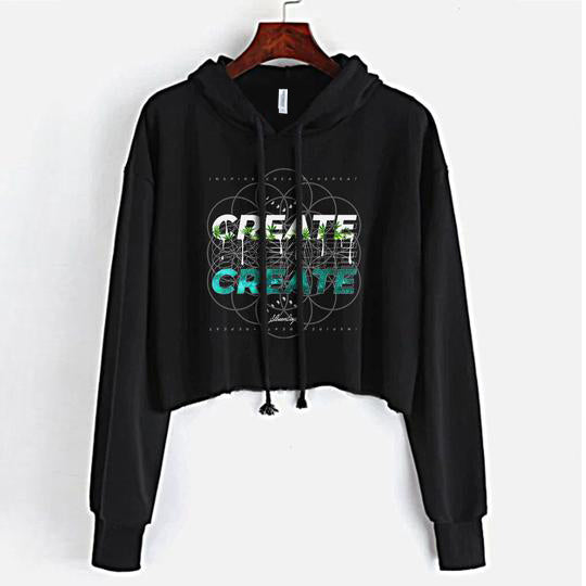 StonerDays Create Crop Top Hoodie in black, front view on white background, comfortable cotton blend