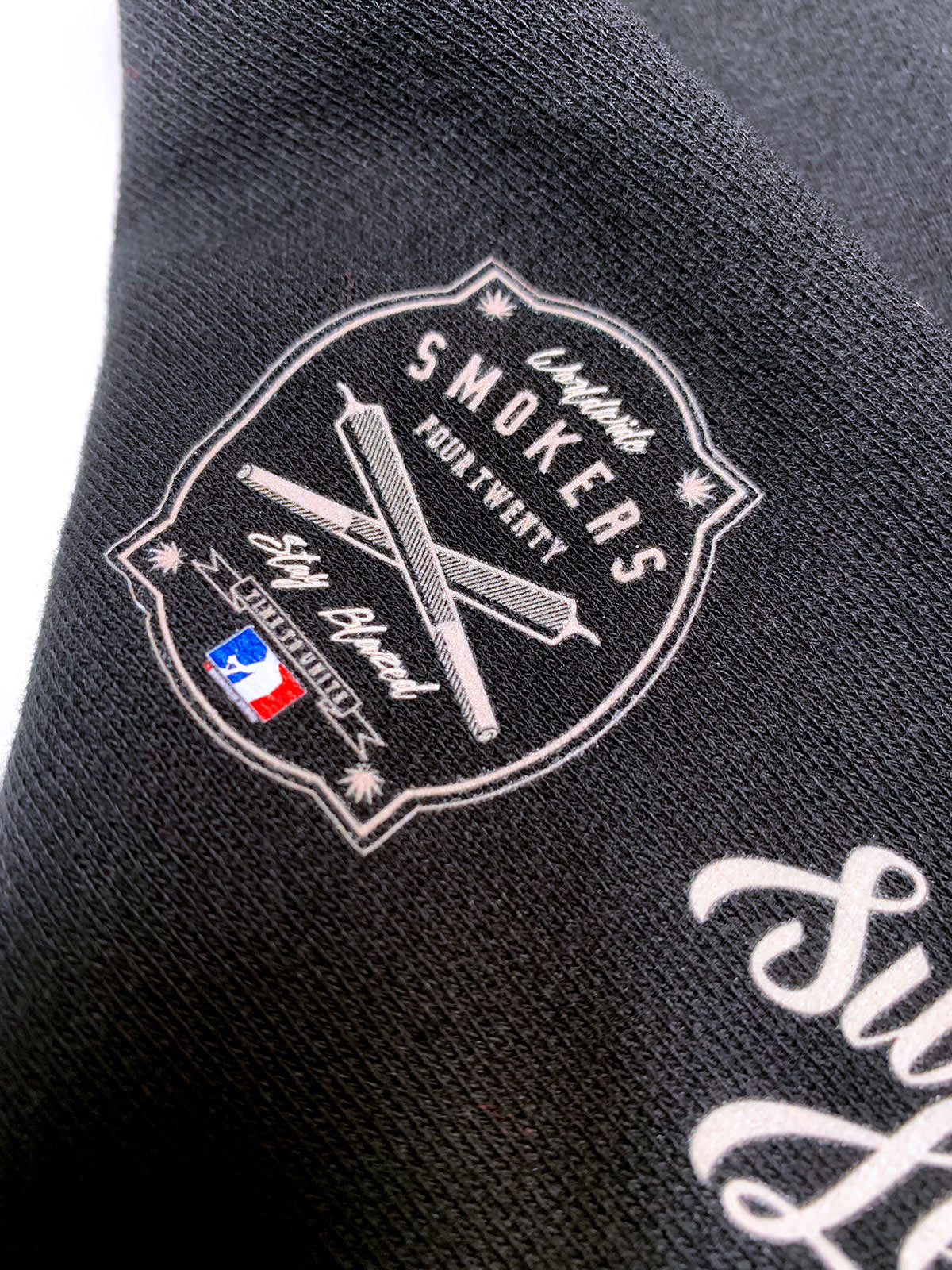 Close-up of StonerDays Customized Mls All Stars Hoodie sleeve with embroidered logo