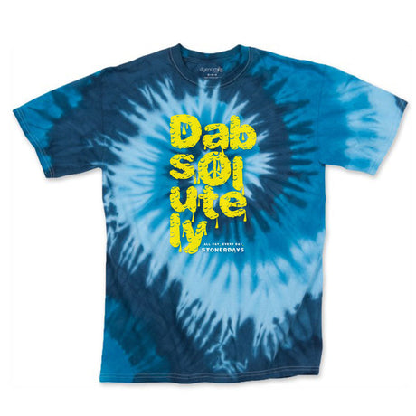StonerDays Dabsolutely Blue Tie Dye T-Shirt with Bold Yellow Text, Front View