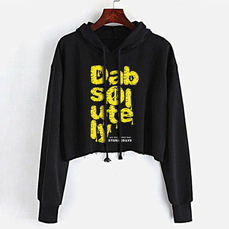 StonerDays Dabsolutely Crop Top Hoodie in black with yellow text, front view, available in S to XL
