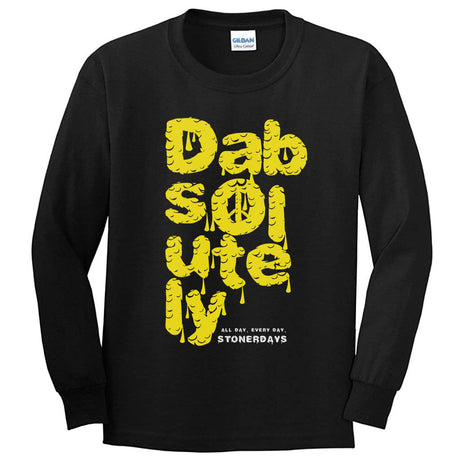 StonerDays Dabsolutely Long Sleeve Shirt in Black with Bold Yellow Text, Front View, 100% Cotton