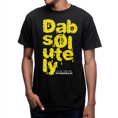 StonerDays Dabsolutely T-Shirt in black with yellow dab straw design, front view on male model