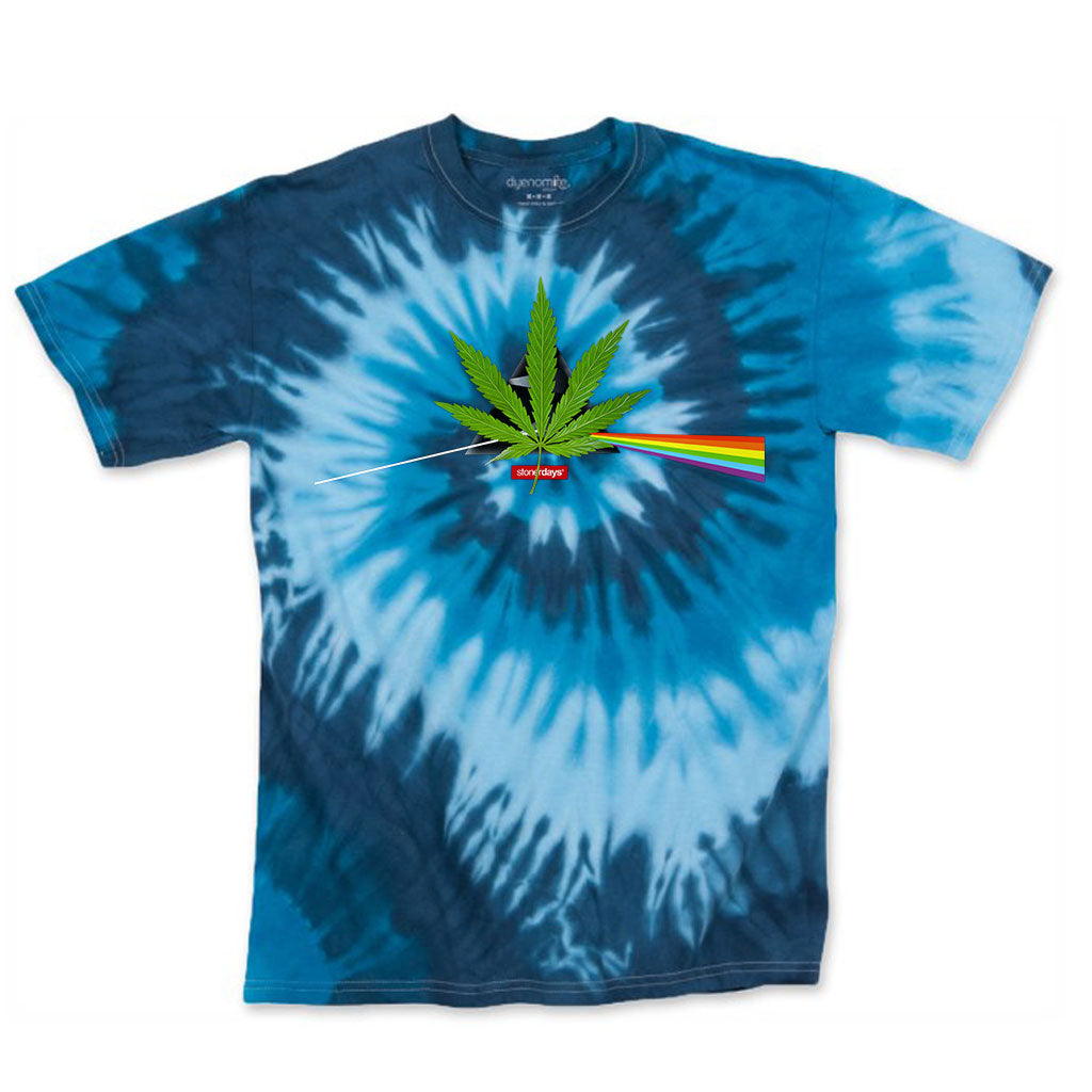 StonerDays men's blue tie-dye tee with Dank Side of the Moon graphic, front view on white background