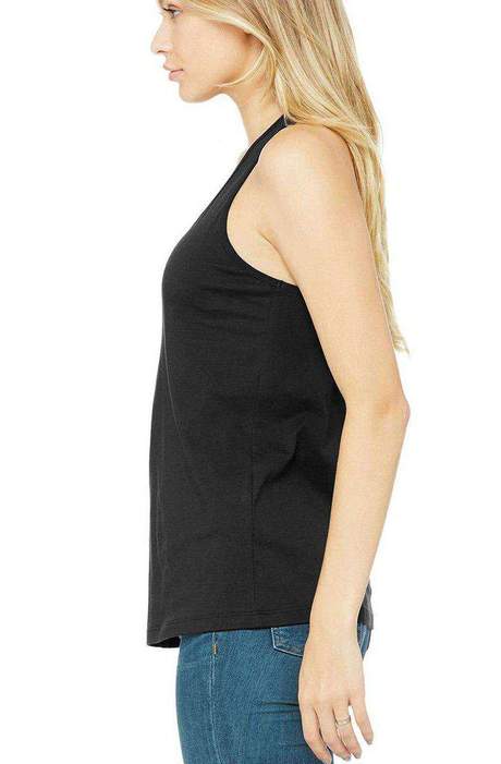 Side view of woman wearing StonerDays black racerback tank top with a comfortable fit