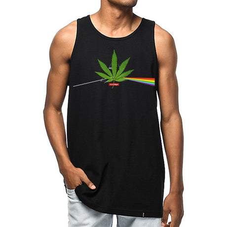 StonerDays men's black cotton tank top with Dank Side of the Moon design, front view on model