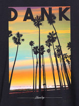 StonerDays Dank Trees T-shirt with Rasta-colored sunset and palm trees print, front view