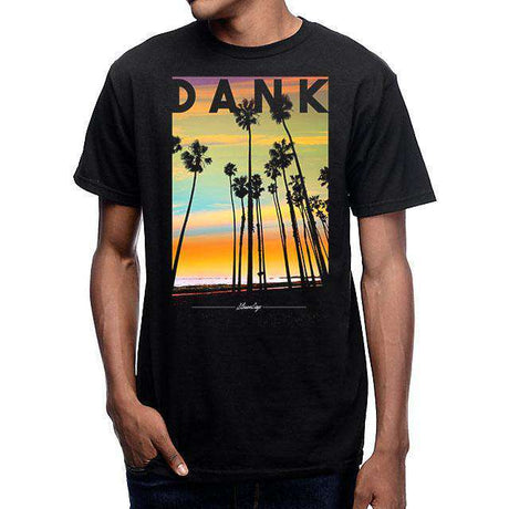 StonerDays Dank Trees tee with vibrant Rasta sunset and palm trees, front view on model