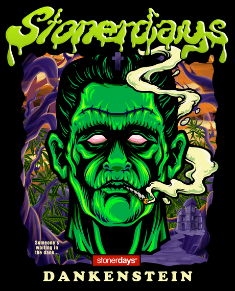 StonerDays Dankenstein T-Shirt design with vibrant cannabis-themed Frankenstein graphic