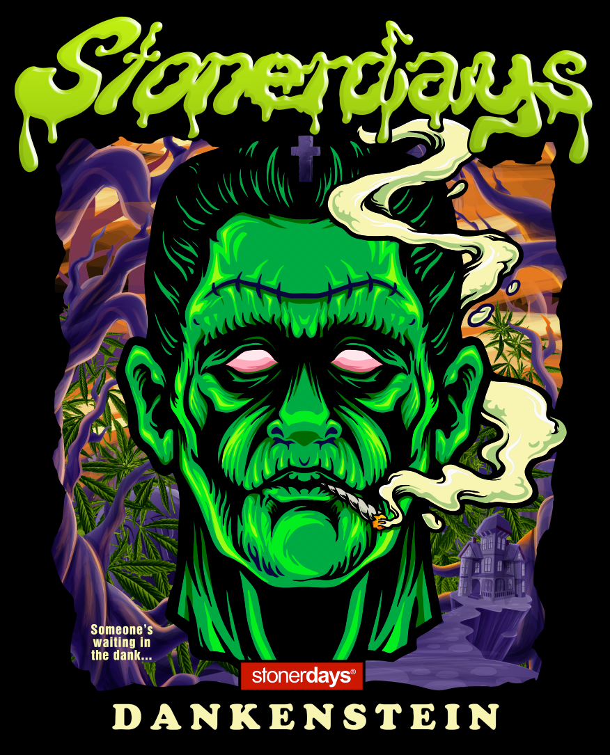 StonerDays Dankenstein shirt in blue tie-dye with a graphic of a smoking Frankenstein