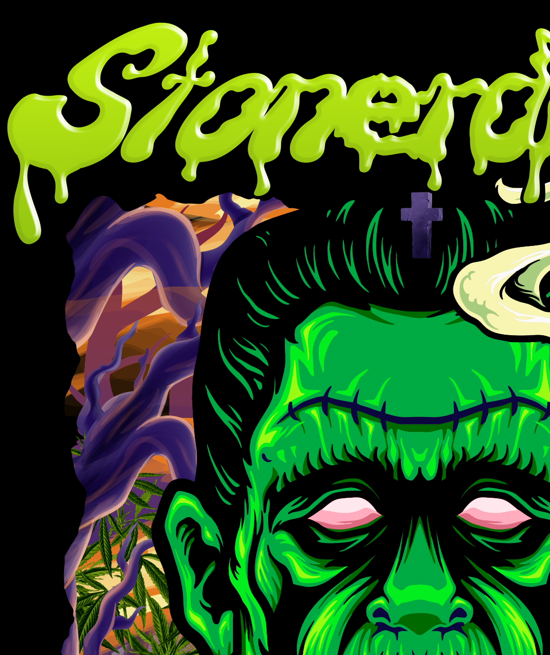 StonerDays Dankenstein Crop Top Hoodie with vibrant green Frankenstein print, front view on black background