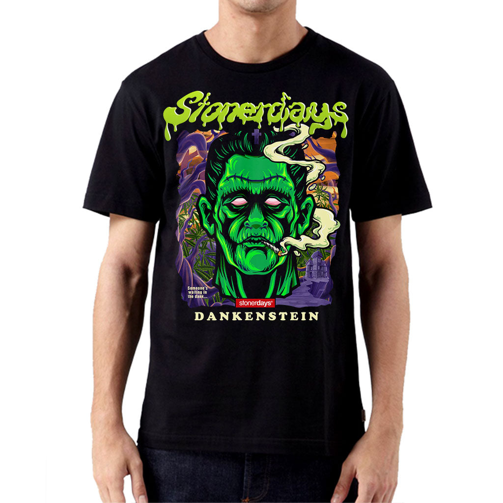 StonerDays Dankenstein black t-shirt with vibrant green monster graphic, front view, available in multiple sizes