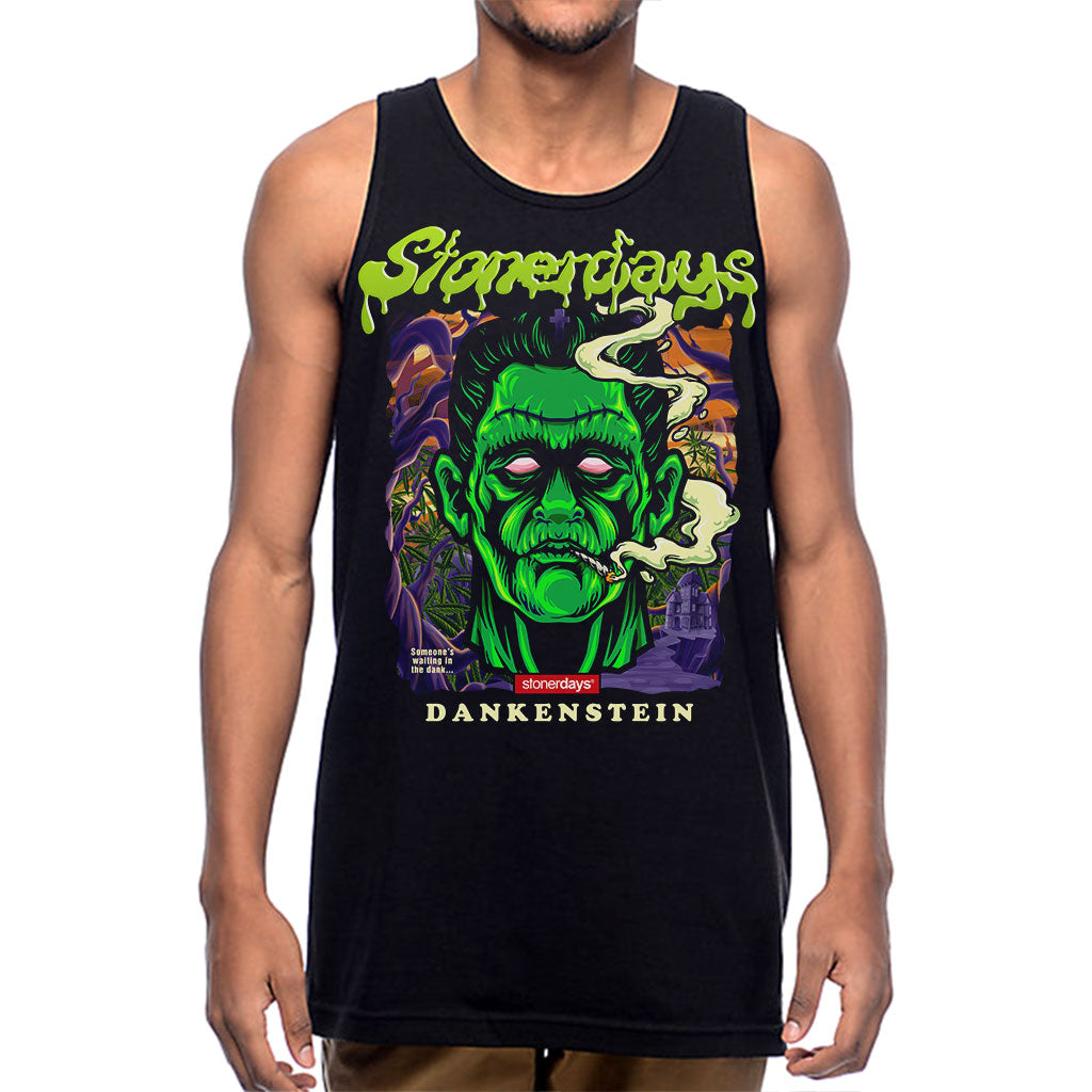 StonerDays Dankenstein Tank in black, front view, available in S to XXXL sizes, made of cotton