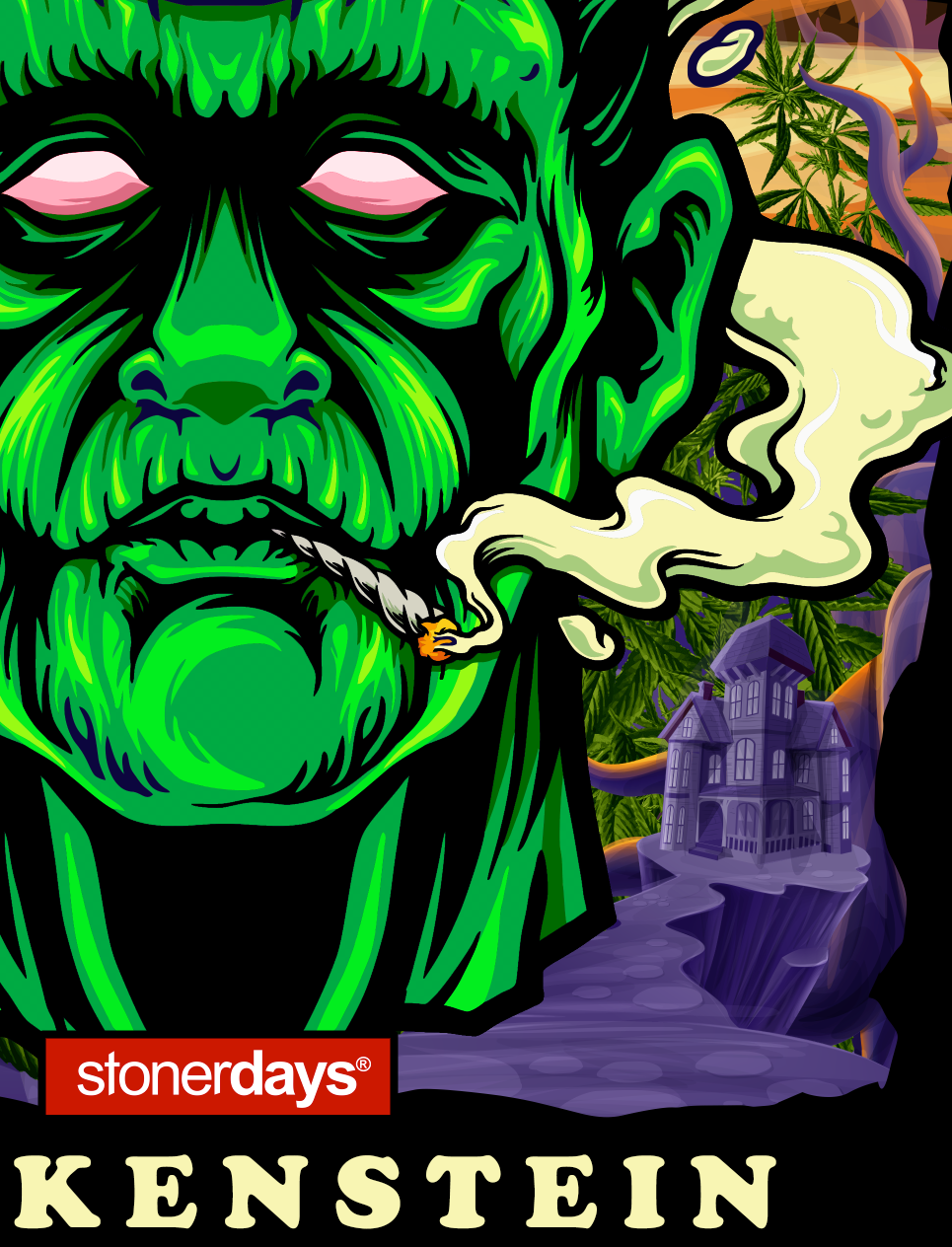 StonerDays Dankenstein Tie Dye T-Shirt featuring a vibrant green monster smoking, with a spooky house backdrop.