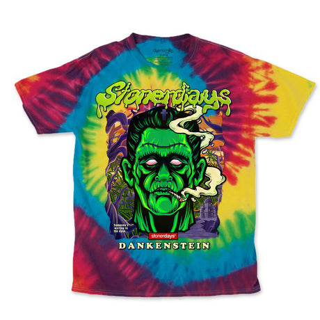 StonerDays Dankenstein Tie Dye T-Shirt in vibrant blue and red colors, front view on white background