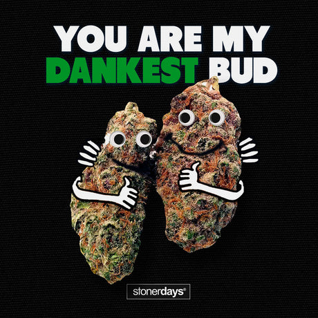 StonerDays Dankest Bud Crop Top Hoodie graphic with cartoon cannabis buds on black