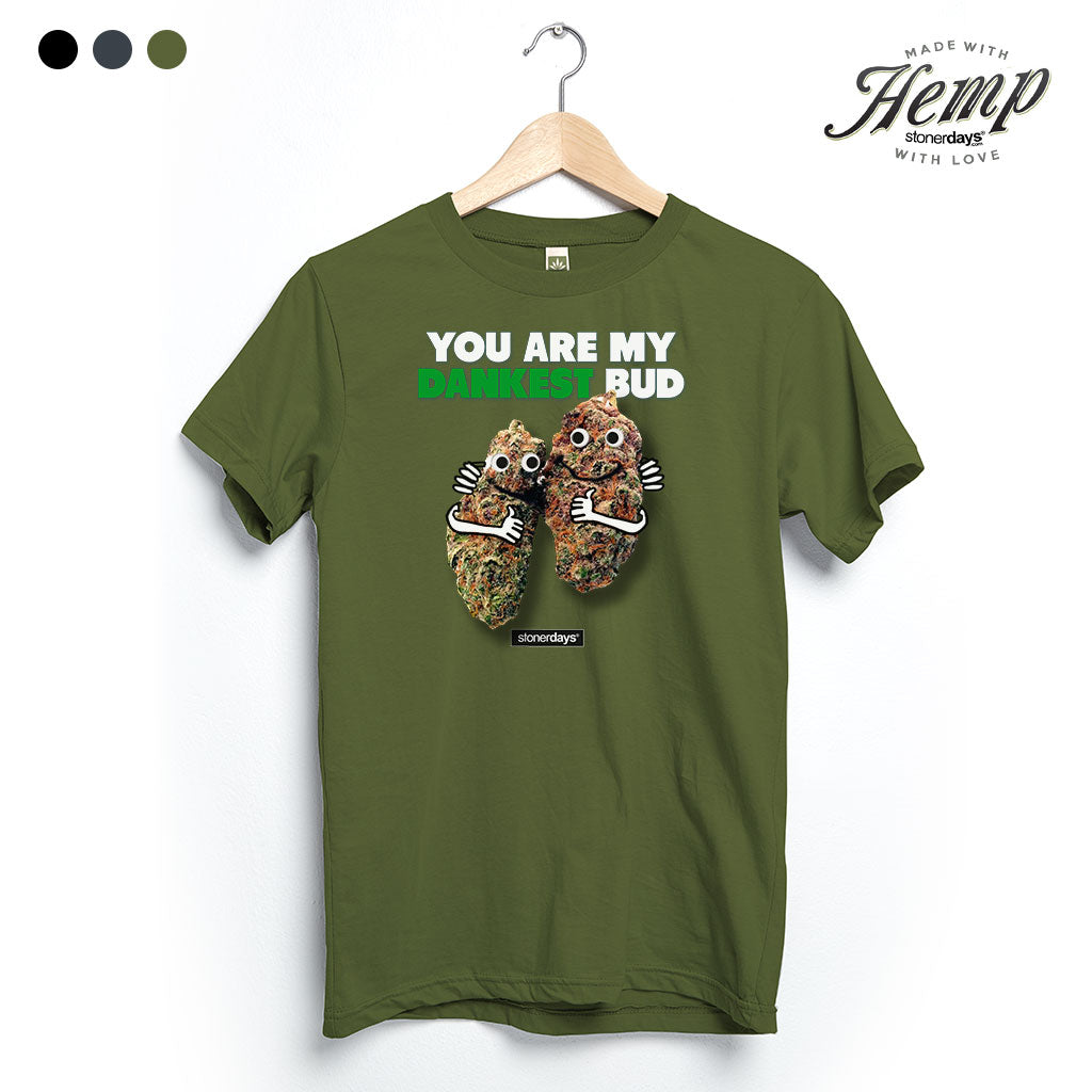 StonerDays Dankest Bud Hemp Tee in green, front view on hanger, eco-friendly material