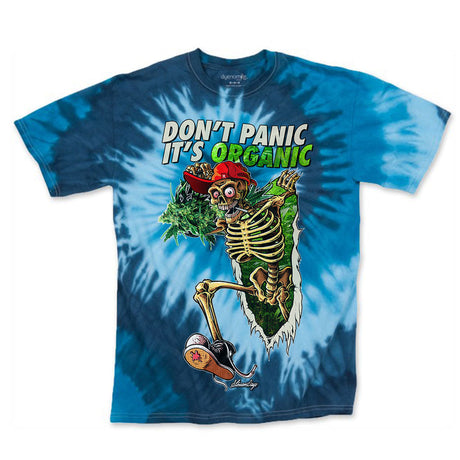 StonerDays blue tie-dye t-shirt with 'Don't Panic It's Organic' slogan and skeleton graphic, front view