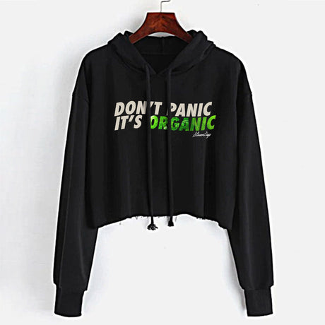 StonerDays Women's Crop Top Hoodie in Black with 'Don't Panic It's Organic' Print - Front View