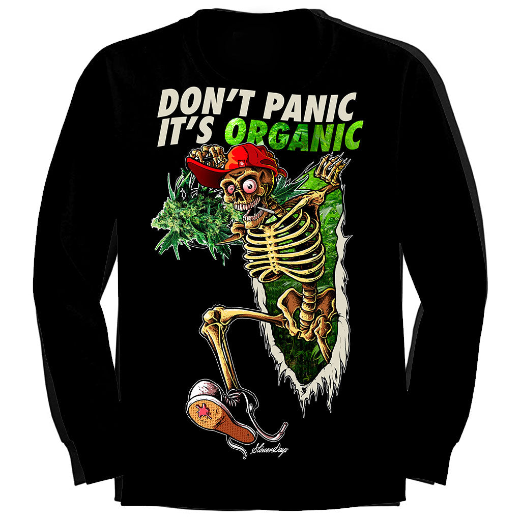 StonerDays black long sleeve with "Don't Panic It's Organic" print, skeleton graphic, front view
