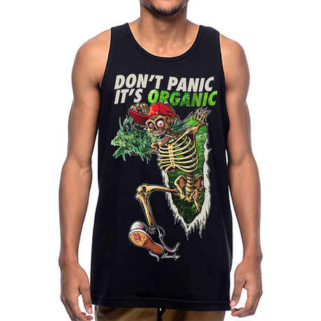StonerDays black tank top featuring 'Don't Panic It's Organic' graphic, front view on model