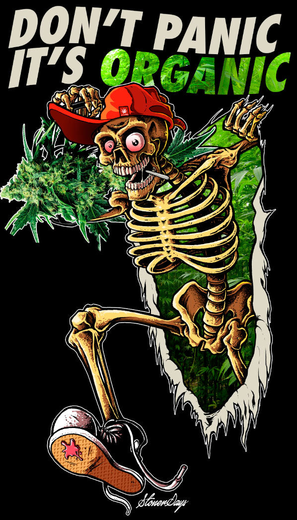 StonerDays Don't Panic Greens Tee with vibrant skeleton graphic, 100% cotton, front view