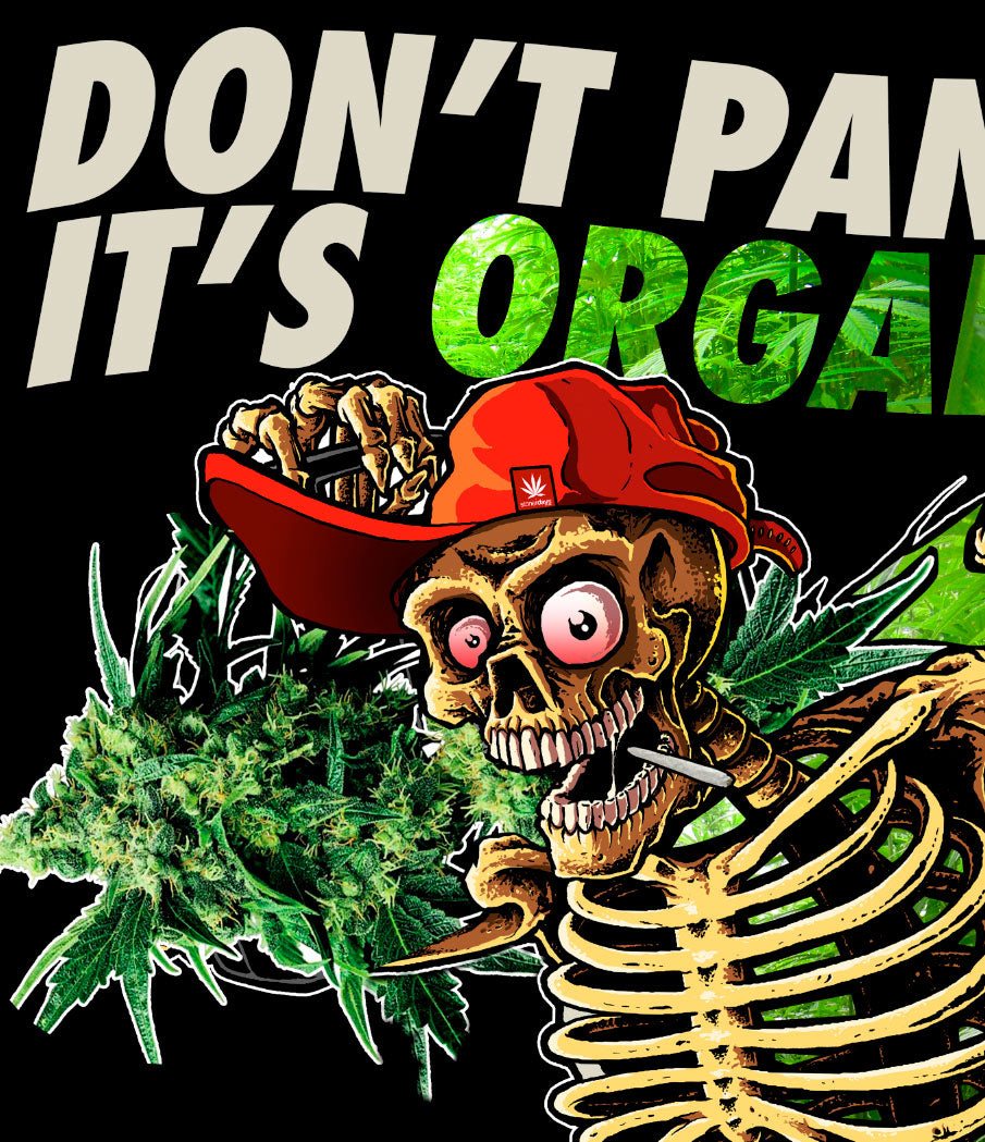 StonerDays Don't Panic It's Organic Tee featuring skeleton graphic with cannabis, cotton, front view