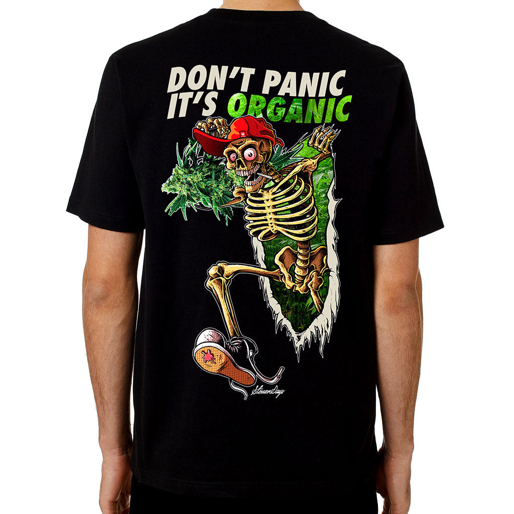 StonerDays Don't Panic It's Organic Tee, rear view on model, black cotton, sizes S-3XL