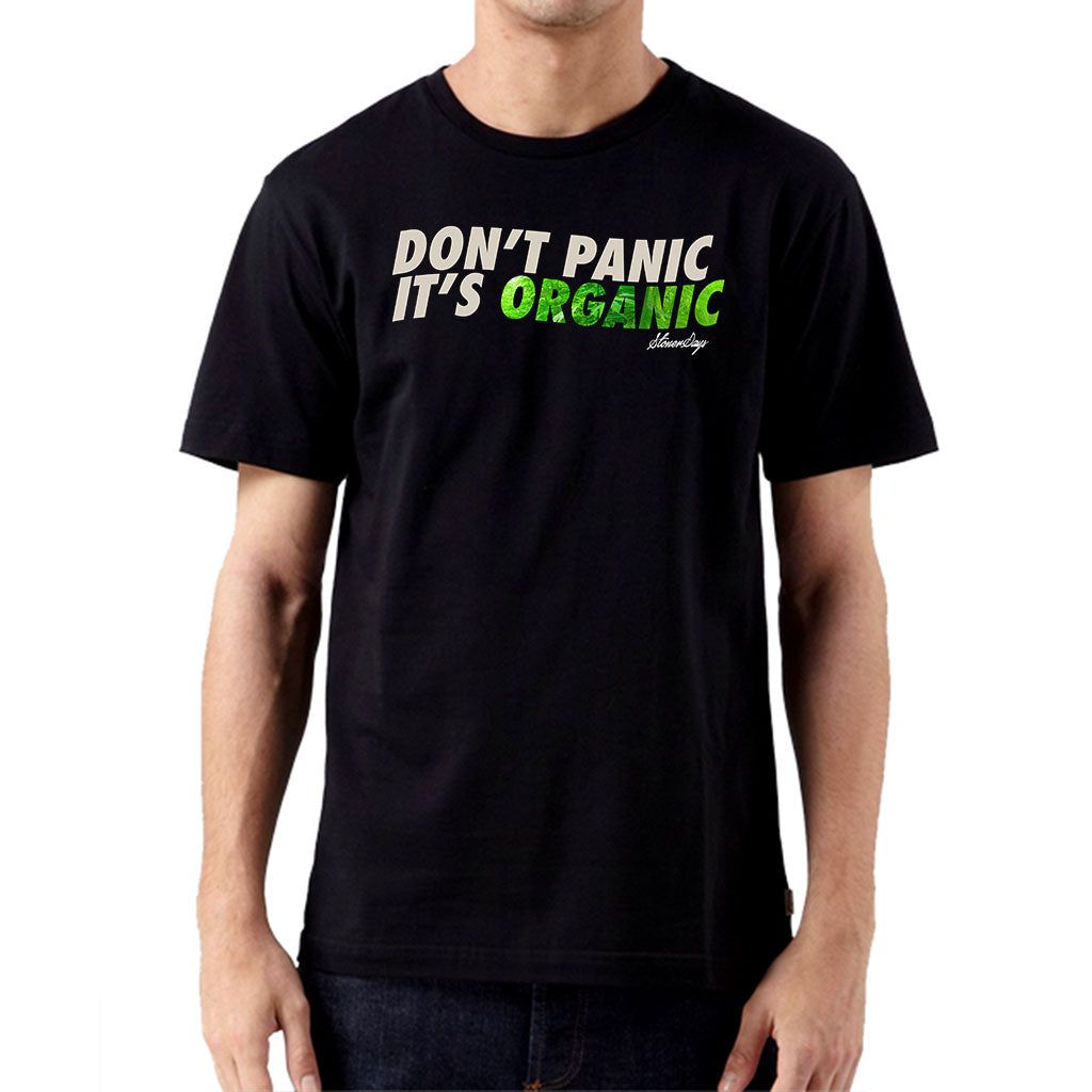 StonerDays Don't Panic It's Organic Tee, black cotton t-shirt with green print, front view