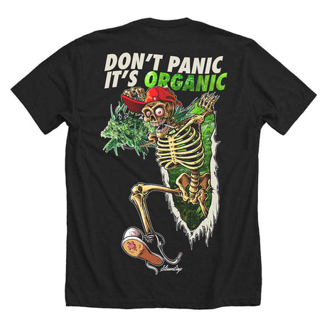 StonerDays black cotton tee with "Don't Panic It's Organic" skeleton graphic, rear view