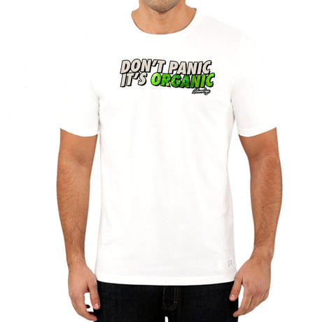 StonerDays Don't Panic It's Organic White Tee, front view on a male model