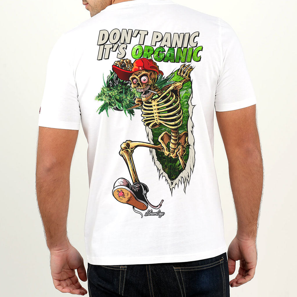 StonerDays white tee with 'Don't Panic It's Organic' print, rear view on model