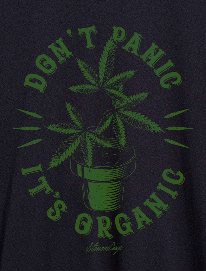 StonerDays Men's Hoodie in black with 'Don't Panic It's Organic' print, close-up view