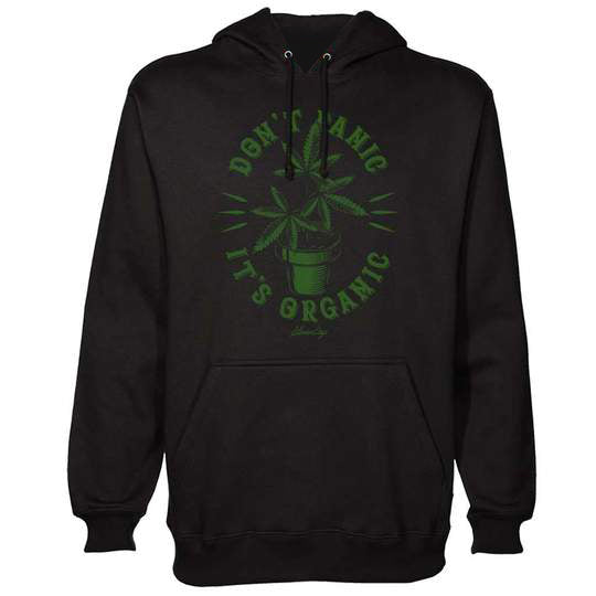 StonerDays Don't Panic Plant Hoodie in black with green print, front view on white background