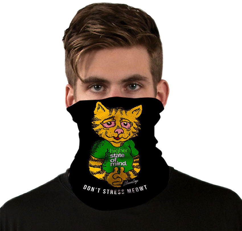 StonerDays Dont Stress Meowt Gaiter in gray and green, front view on model, versatile headwear accessory