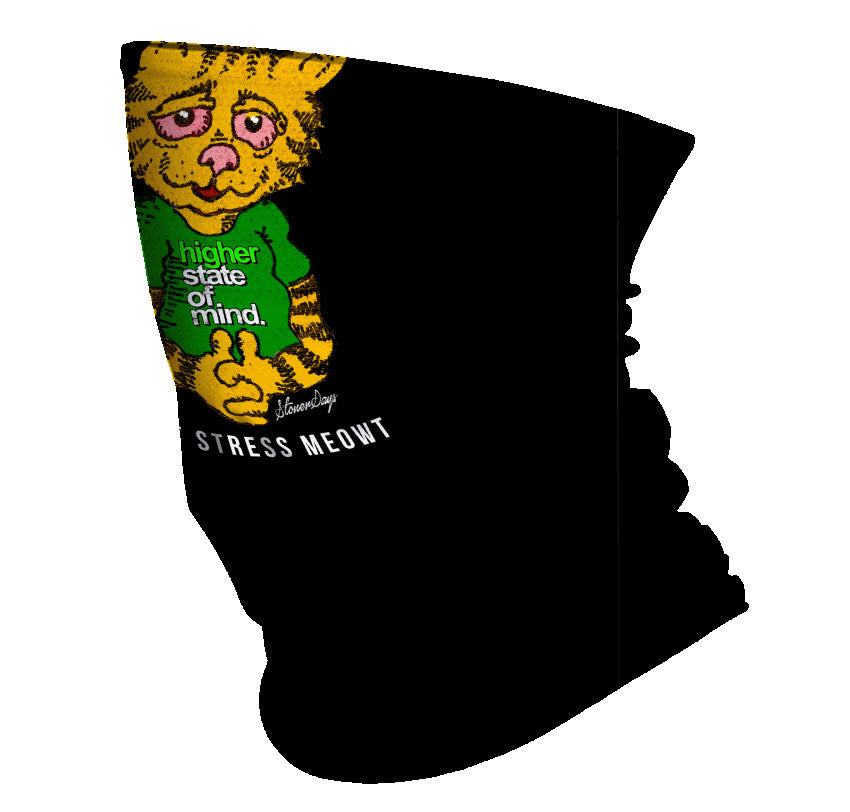 StonerDays Don't Stress Meowt Gaiter in gray and green with cat graphic, ideal for versatile wear