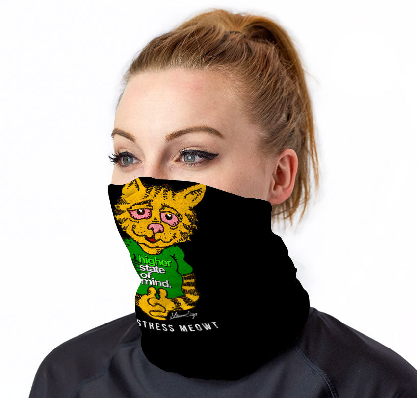 StonerDays Don't Stress Meowt Gaiter in Gray/Green with Cat Design - Front View