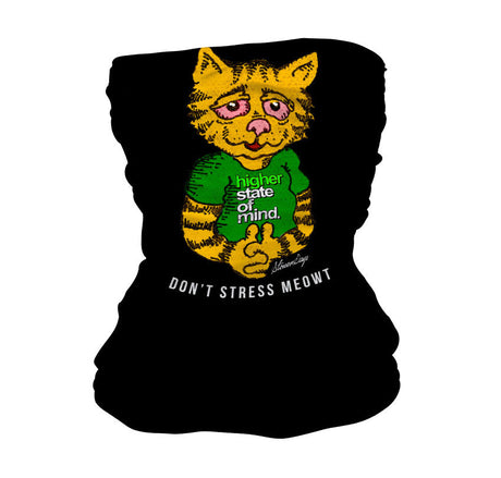 StonerDays 'Don't Stress Meowt' Gaiter in black with graphic cat design, front view.