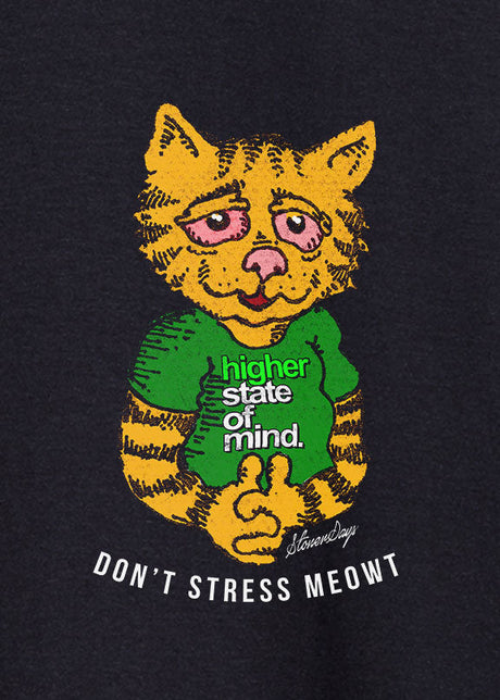 StonerDays Don't Stress Meowt Tee featuring a relaxed cat graphic, front view on black