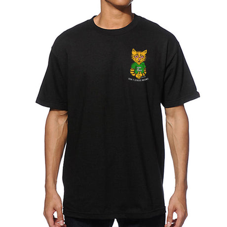 Front view of StonerDays Don't Stress Meowt Tee in black with vibrant cat graphic