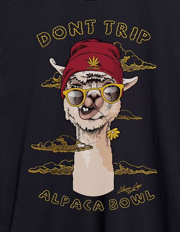 StonerDays Men's T-Shirt featuring 'Don't Trip Alpaca Bowl' design, front view on black fabric