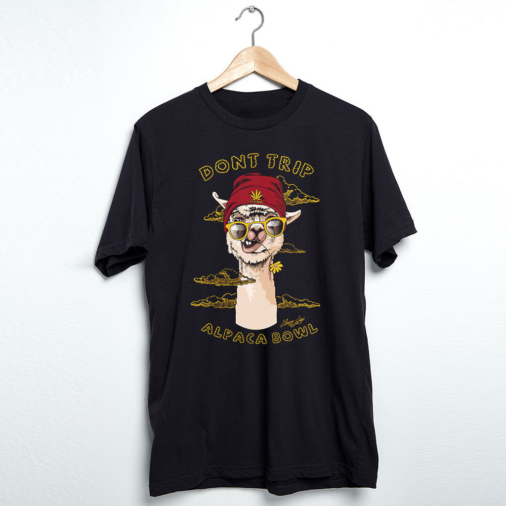 StonerDays Don't Trip Alpaca Bowl men's black t-shirt with graphic print, front view on hanger