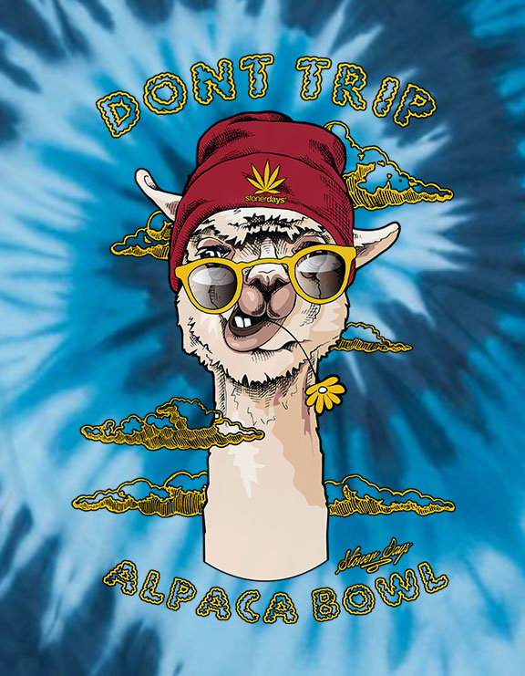 StonerDays Don't Trip Alpaca Bowl Tee in Blue Tie Dye with Funky Alpaca Graphic