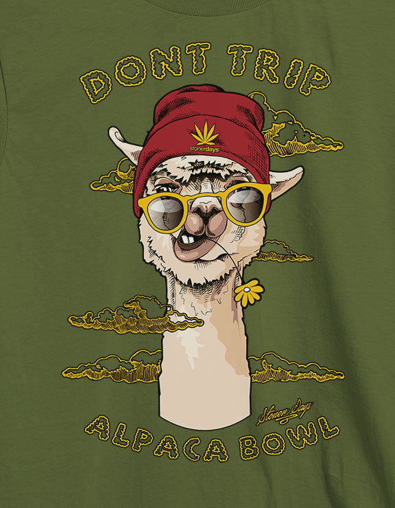 StonerDays Don't Trip Alpaca Bowl Hemp Tee in green with graphic front view