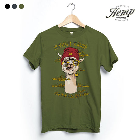 StonerDays Don't Trip Alpaca Bowl Tee in Herb Green, front view on hanger, made with hemp and cotton