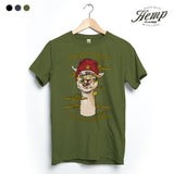 StonerDays Don't Trip Alpaca Bowl Tee in Herb Green, front view on hanger, made with hemp and cotton