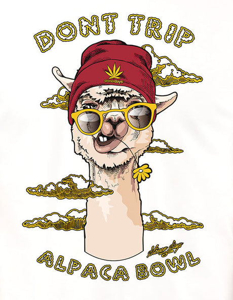 StonerDays 'Don't Trip Alpaca Bowl' white cotton tee with quirky alpaca graphic