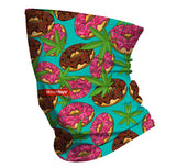 StonerDays Donuts And Kush Gaiter featuring vibrant doughnut and cannabis leaf design on turquoise background