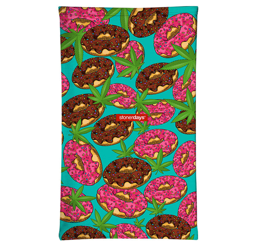 StonerDays Donuts And Kush Gaiter featuring vibrant donut and cannabis leaf design on turquoise background