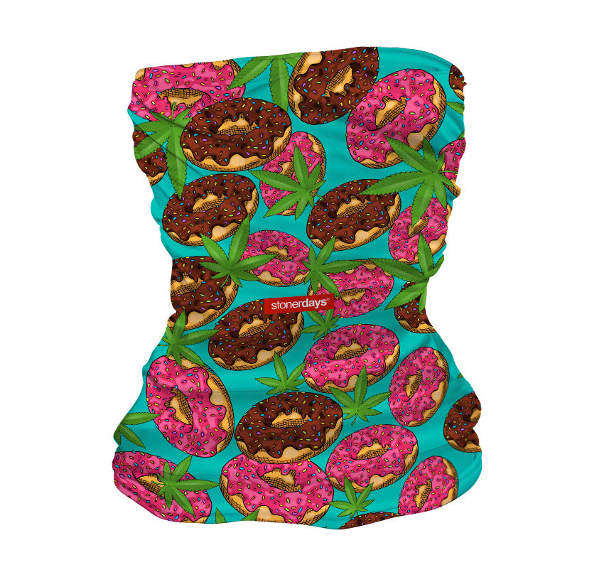 StonerDays Donuts And Kush Gaiter featuring vibrant donut and cannabis leaf design on polyester fabric