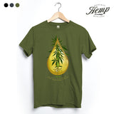 StonerDays Hemp Tee in Herb Green featuring a cannabis leaf and drop design, front view on hanger
